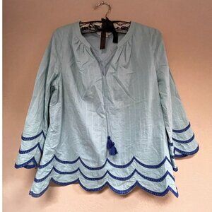 Boden Womens Lightweight Peasant Top Size 4 Tassel Tie Scalloped Hem Cotton Blue
